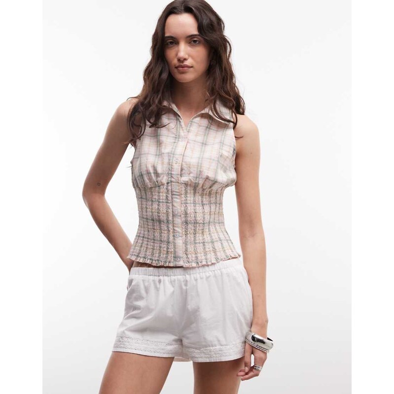 Daisy Street sleeveless shirred shirt in multi check-Brown