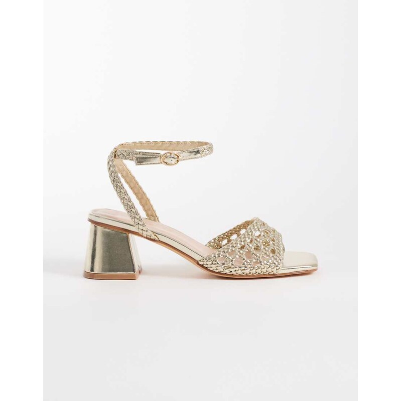 London Rebel Anita block heeled woven sandal in gold