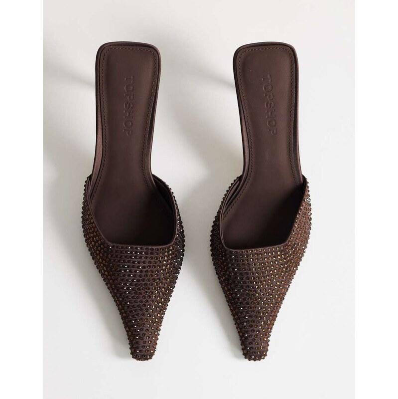 Topshop Avery embellished mule mid court in chocolate-Brown