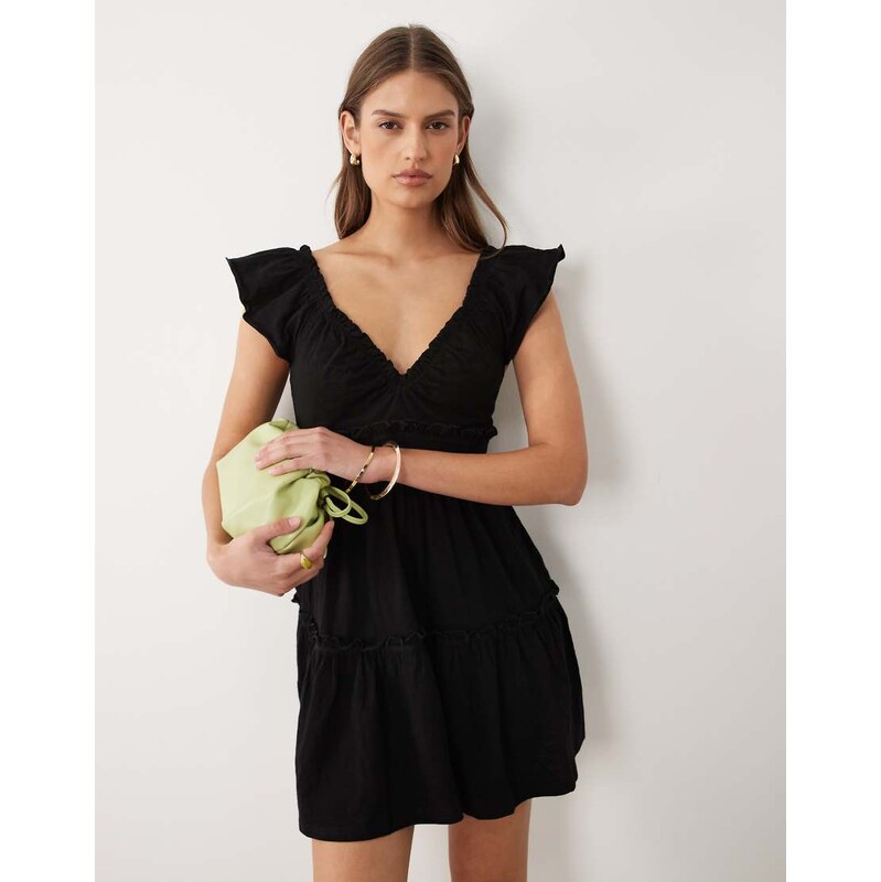 Miss Selfridge flutter sleeve smock dress in black