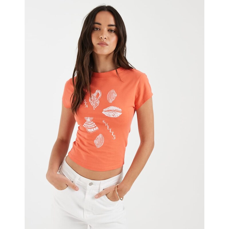 ASOS DESIGN baby tee with seashell graphic in coral-Pink
