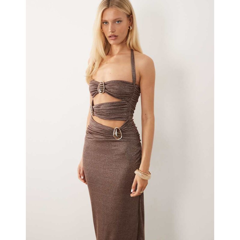 Murci square halterneck cut out hardware detail shimmer maxi