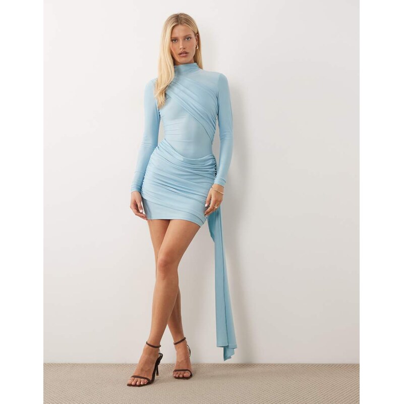 Ruched & Ready high neck cross front drape waist detail mini