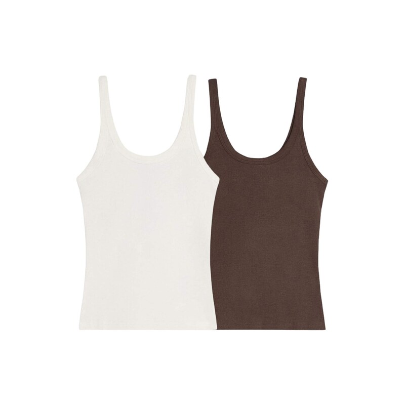 Bershka Top tmavě hnědá / bílá