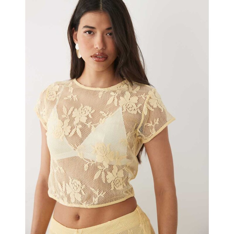 ASOS DESIGN co-ord crochet floral lace baby tee in yellow