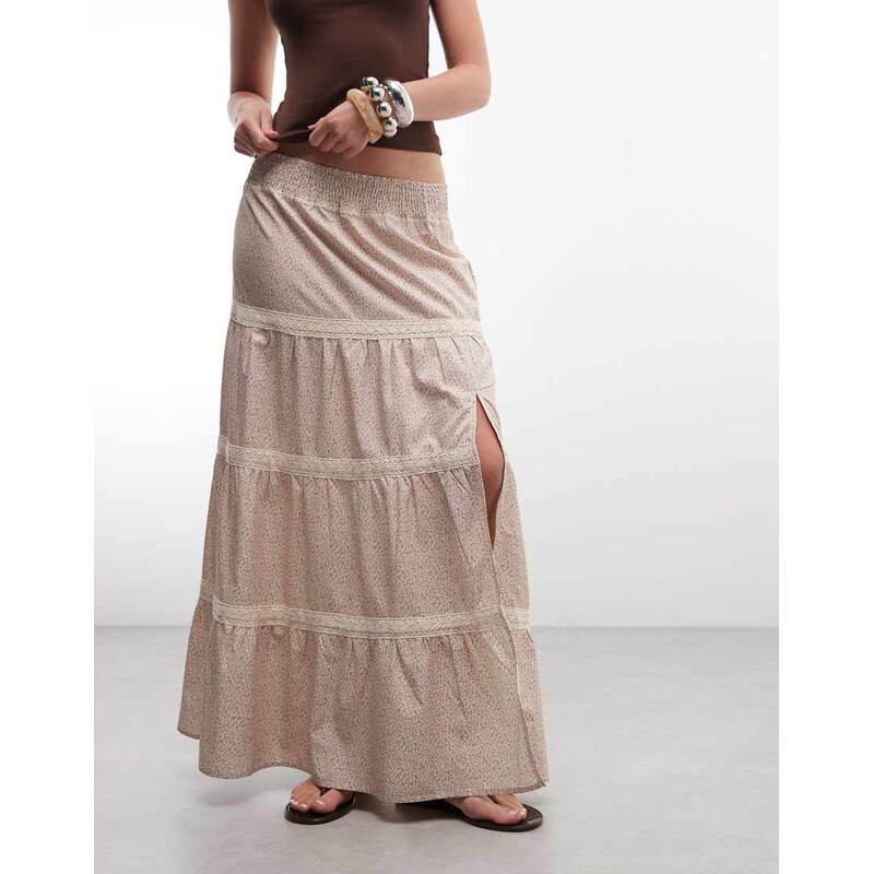 Daisy Street low rise tiered maxi skirt in beige ditsy floral