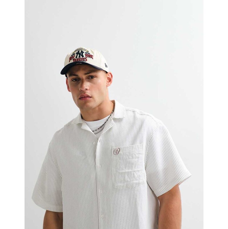 ASOS DESIGN oversized pinstripe revere shirt with back print in