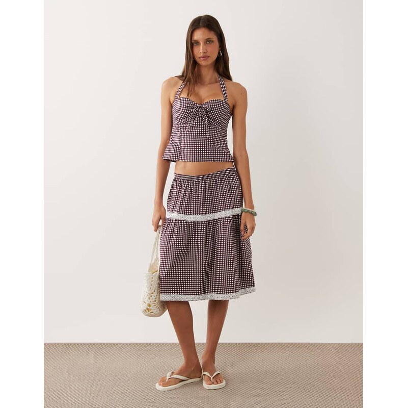 Motel co-ord Trixie midi skirt in wine gingham-White