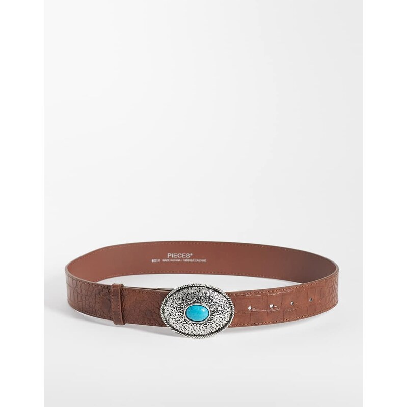 Pieces textured ornate buckle belt in brown