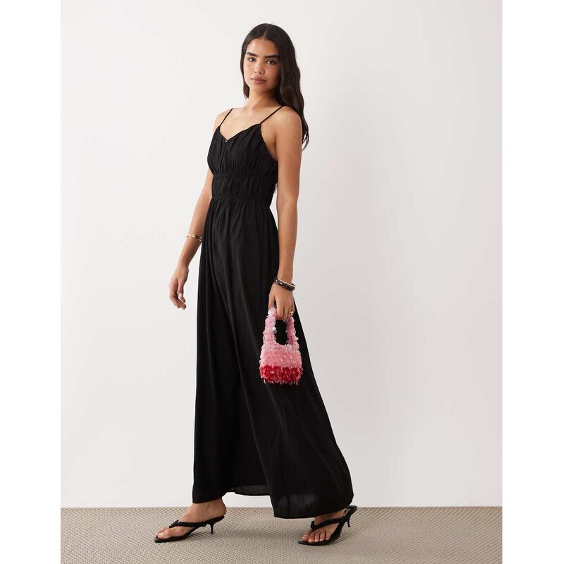 Vila ruched woven cami maxi dress in black