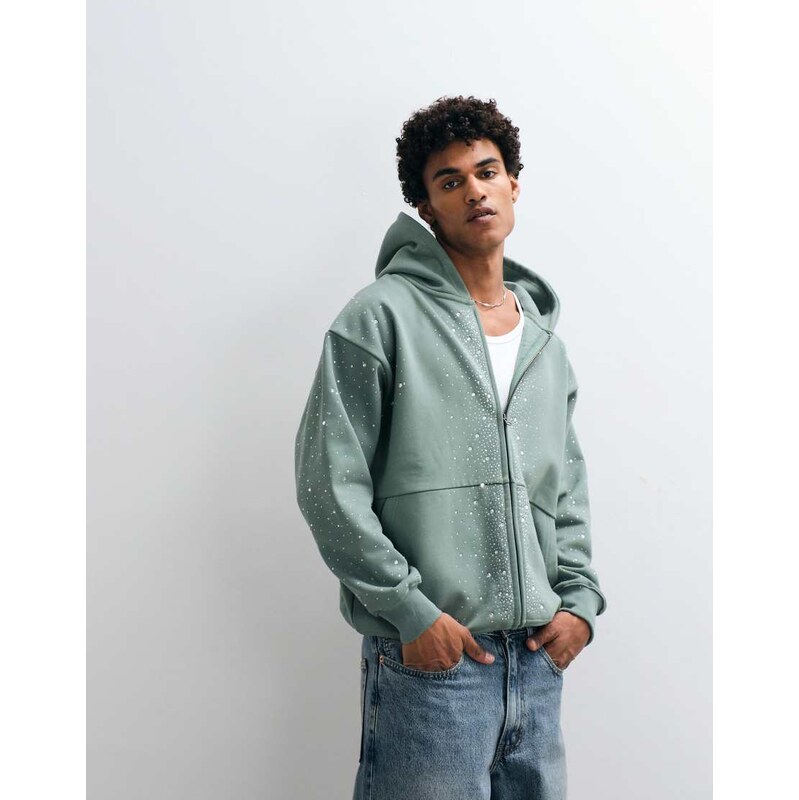 Courtside embellished zip through hoodie in green