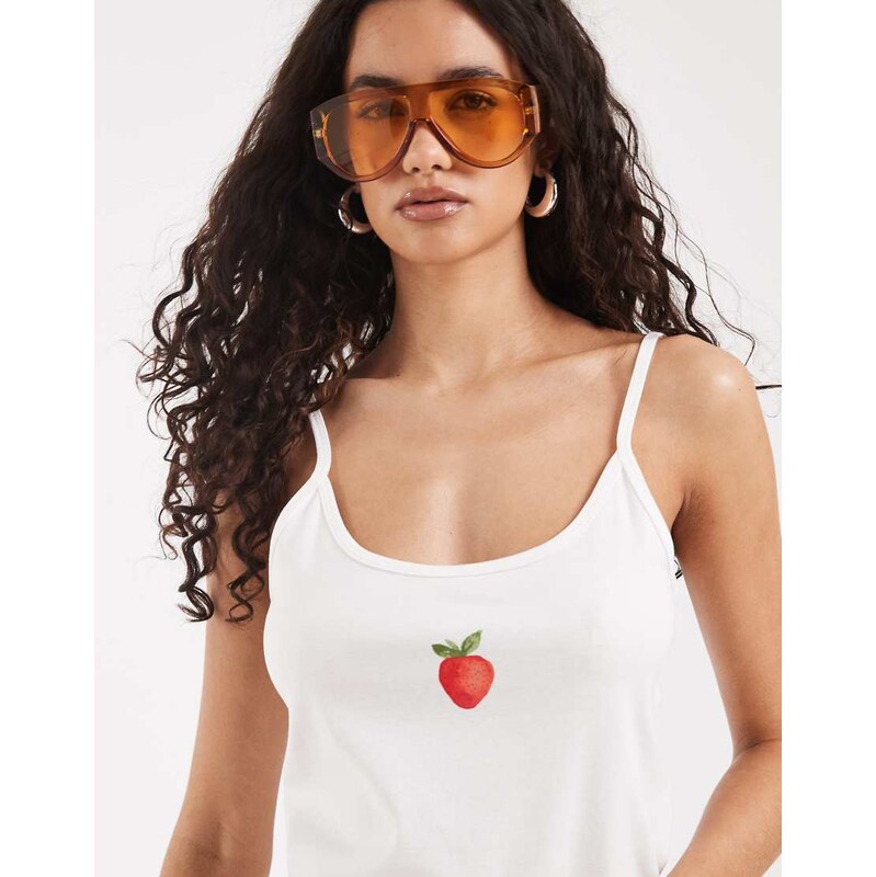 Vero Moda jersey cami top with strawberry print graphic in white