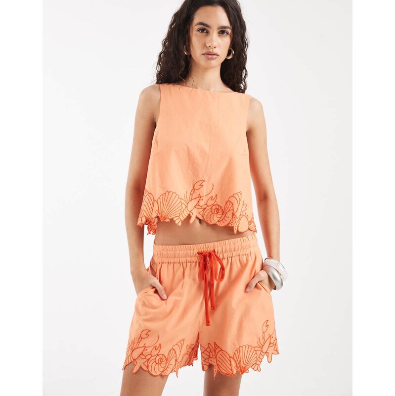 Vero Moda tie waist shorts co-ord in orange with shell fringe