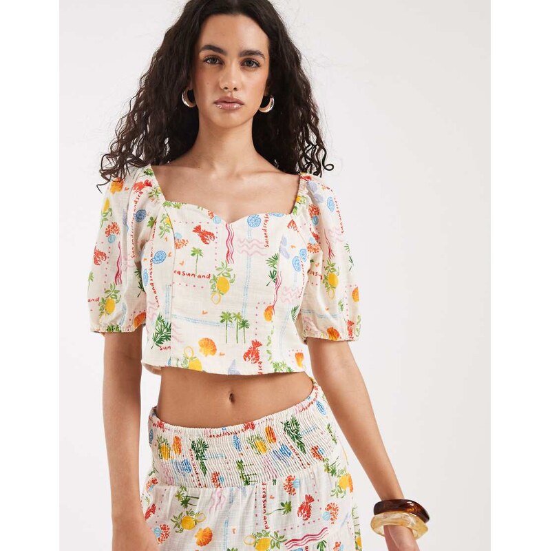 Vero Moda short sleeve smock top co-ord in cream seaside print