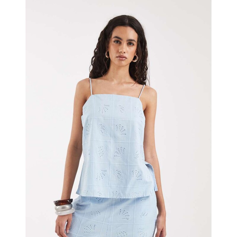 Vero Moda singlet co-ord in light blue with shell embroidered