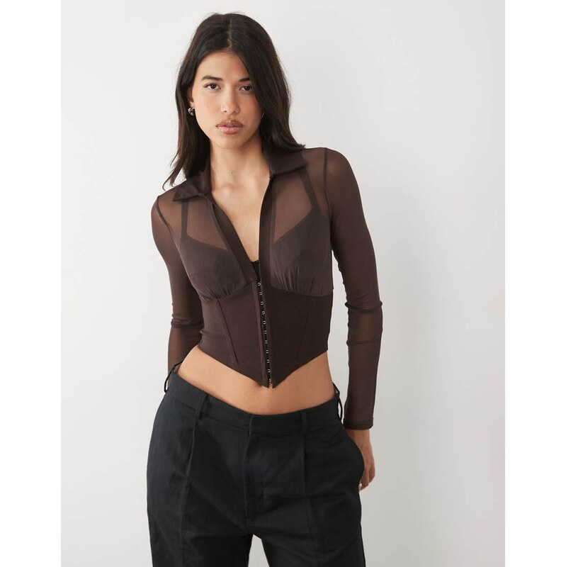 ASOS DESIGN long sleeve mesh corset top with hook and eye in