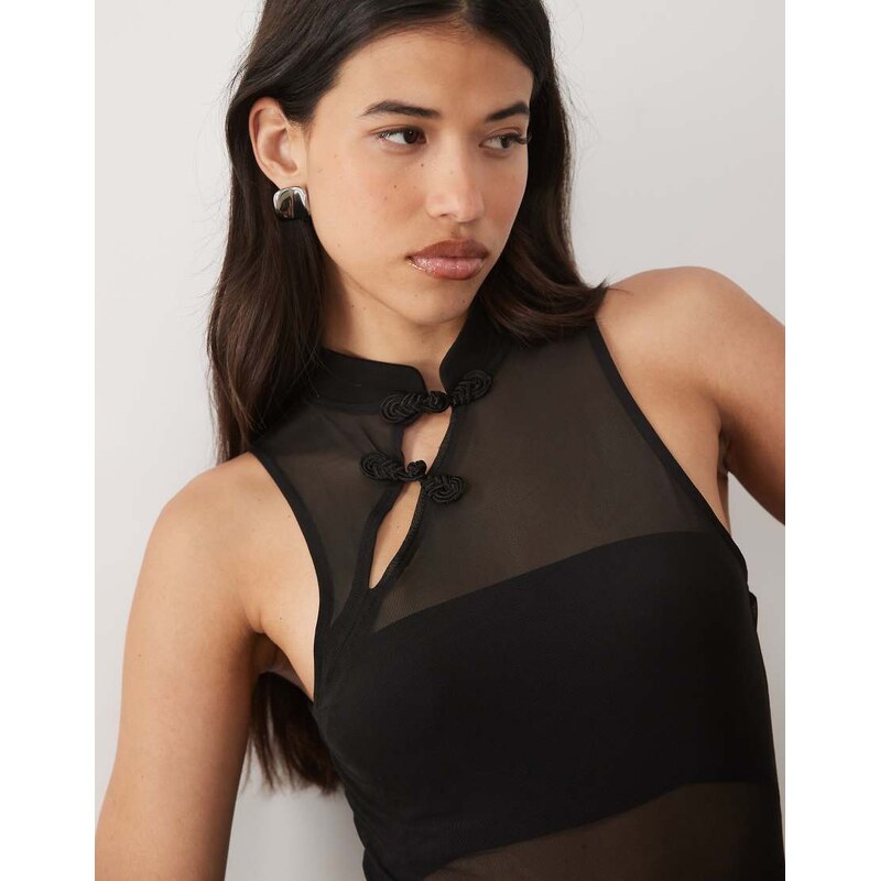 ASOS DESIGN rouleau loop detail sheer mesh bodysuit with trim in