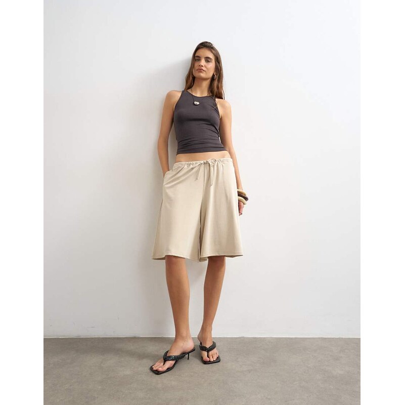 Topshop cupro bermuda drawstring shorts in cream-White