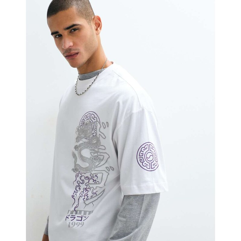 ASOS DESIGN oversized t-shirt with dragon graphic in white