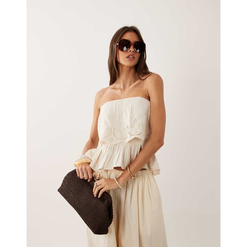 Mango 100% cotton off shoulder embroidered top in beige-Neutral