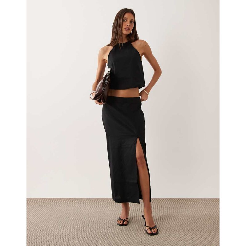 Mango Santori linen mix split detail midi skirt co-ord in black