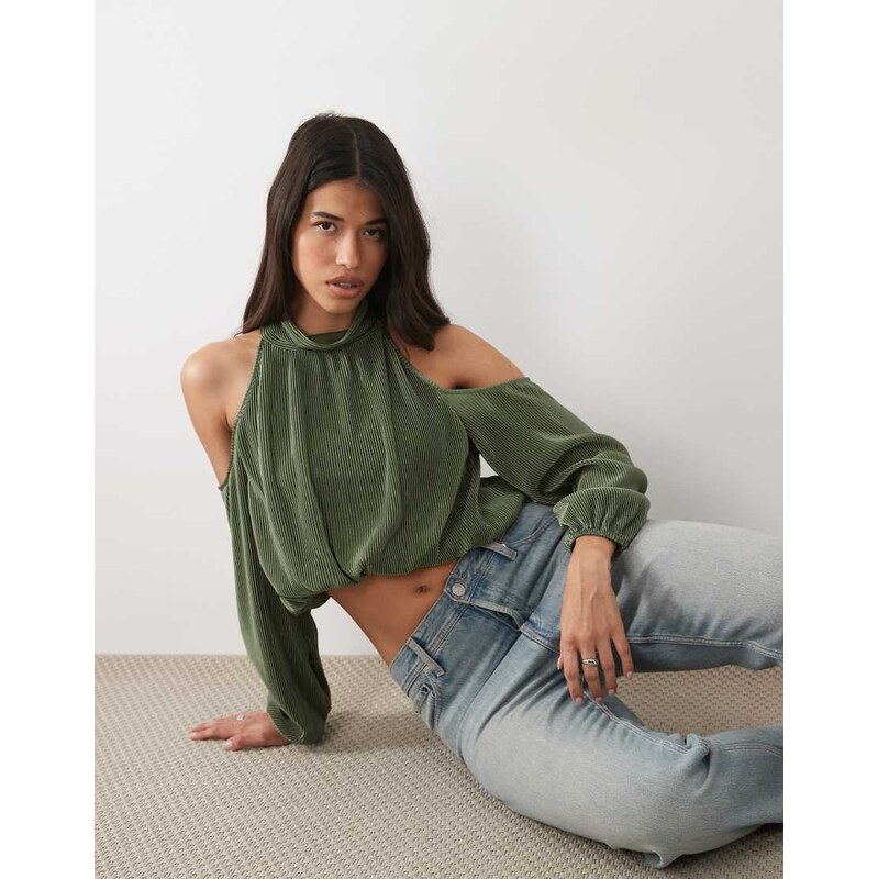 ASOS DESIGN cold shoulder plisse bubble top in khaki-Green