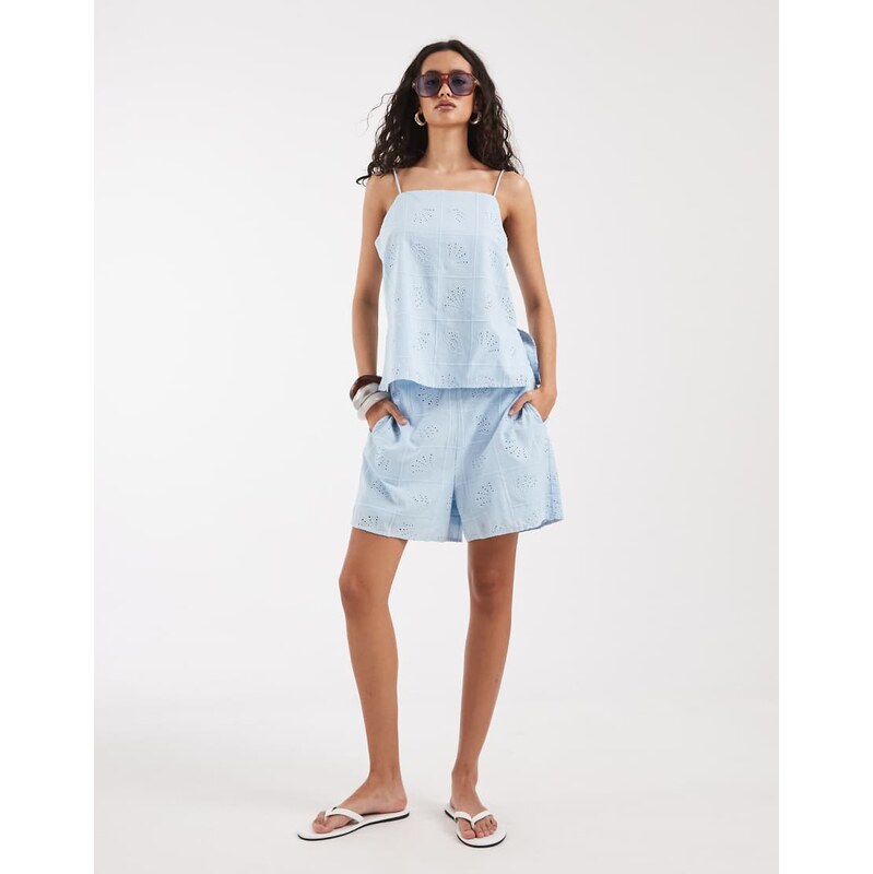 Vero Moda high waist shorts co-ord in light blue with shell