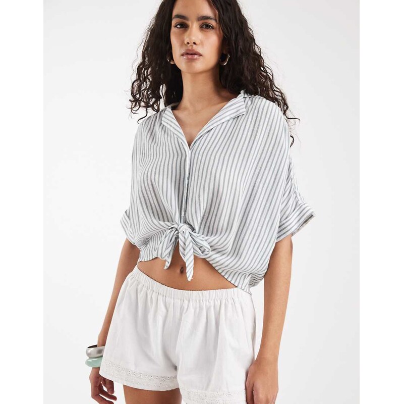 ONLY knot front cropped shirt in green stripes