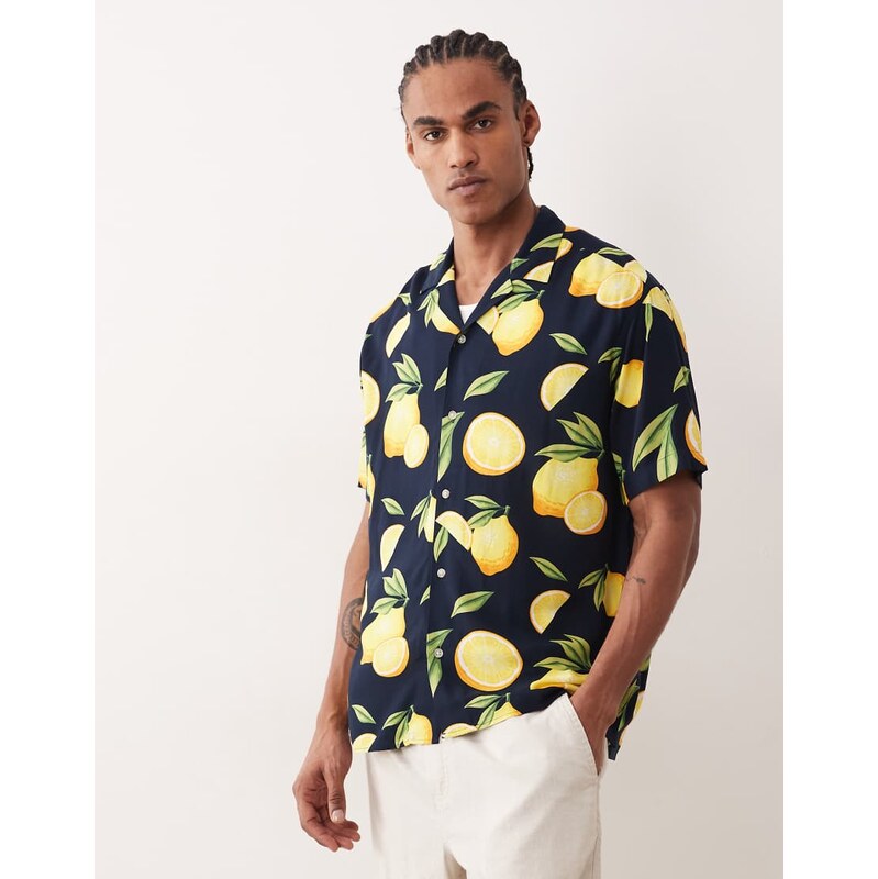 Jack & Jones revere collar shirt with lemon print in navy