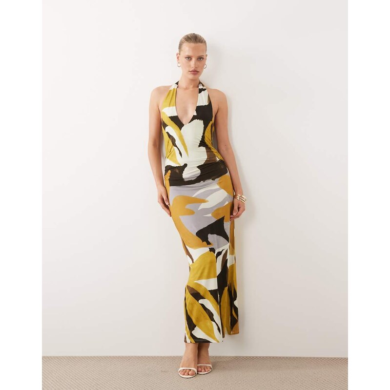ASOS DESIGN tie back halter midi dress in abstract print-Multi