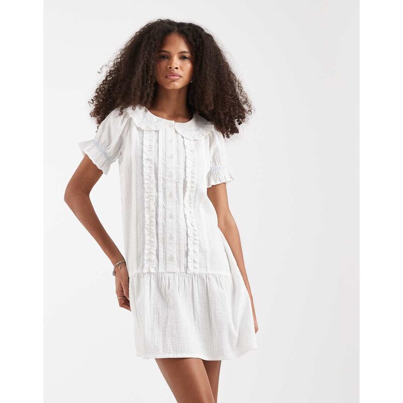 Neon Rose button pintuck drop waist mini dress in white