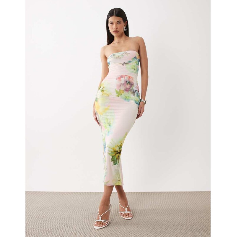 AFRM Marlo printed mesh bandeau maxi dress in pink floral