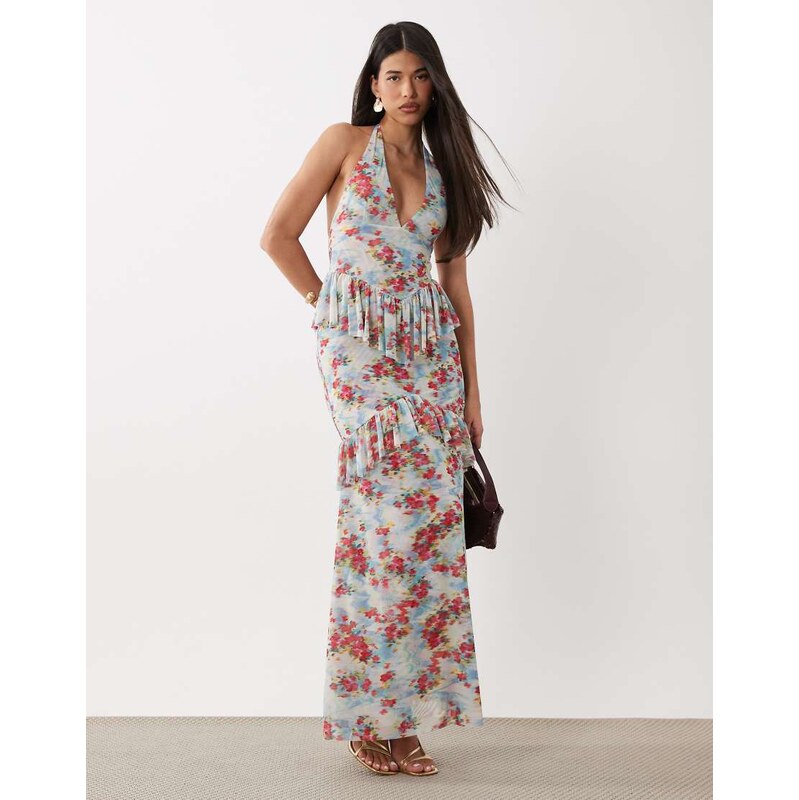 AFRM Athens printed mesh halter neck tiered maxi dress in blue