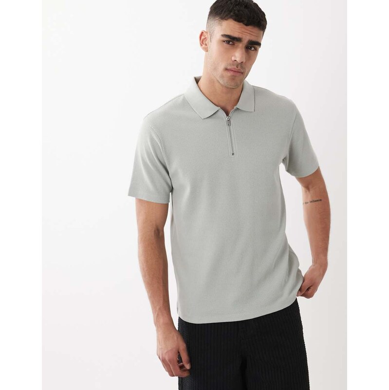 ASOS DESIGN regular fit zip polo in grey waffle-Green