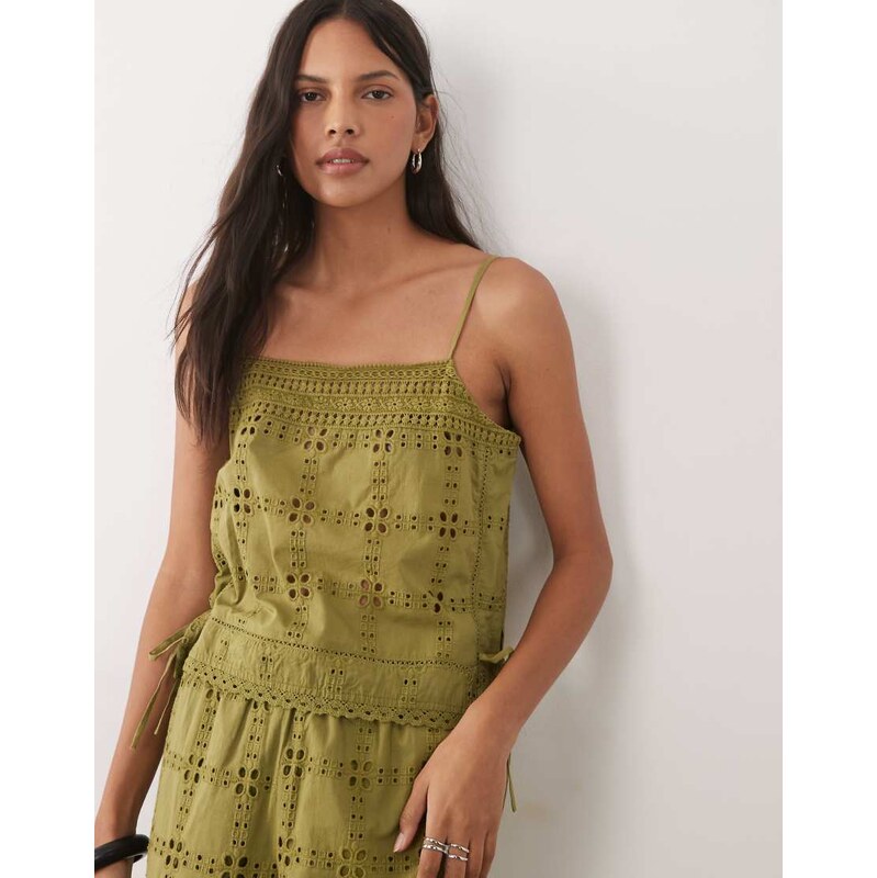 New Look co-ord cutwork cami top in green