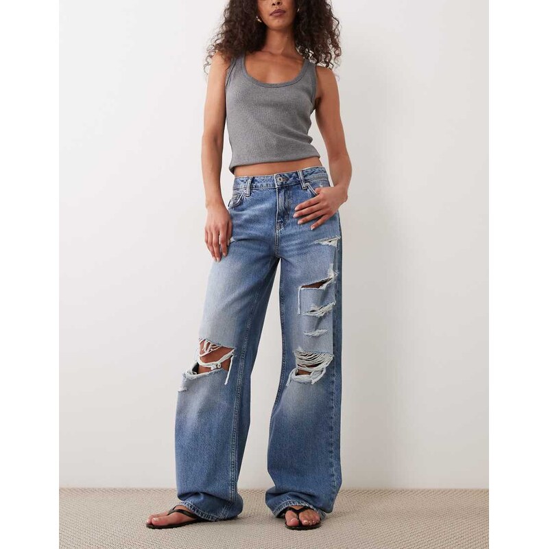 HUGO Blue gamala straight fit ripped jeans in mid blue