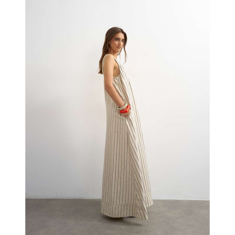 Topshop denim ruched shoulder maxi dress in stripe-Multi