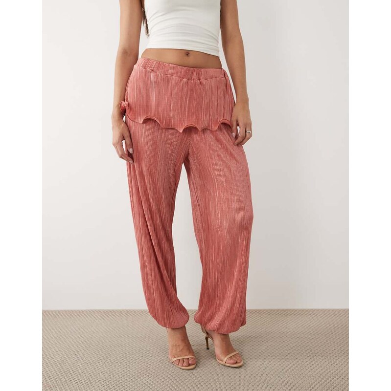 ASOS DESIGN plisse bubble trousers with skirt overlay in coral