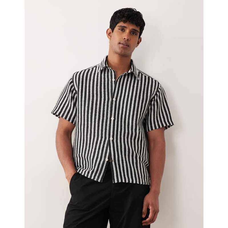 Jack & Jones crochet stripe short sleeve shirt in black