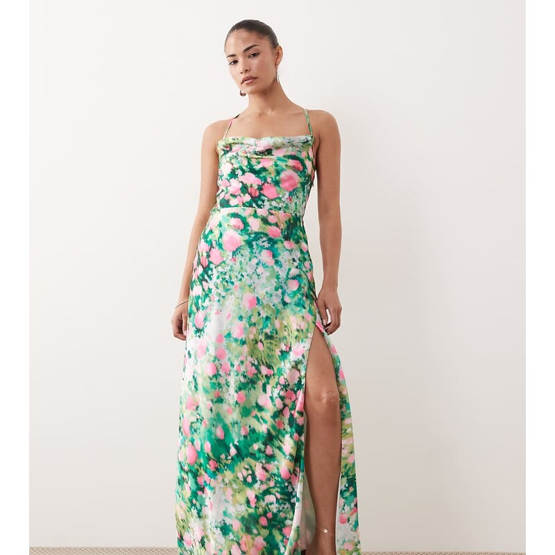 Hope & Ivy Petite satin cowl neck tie back slit front maxi dress