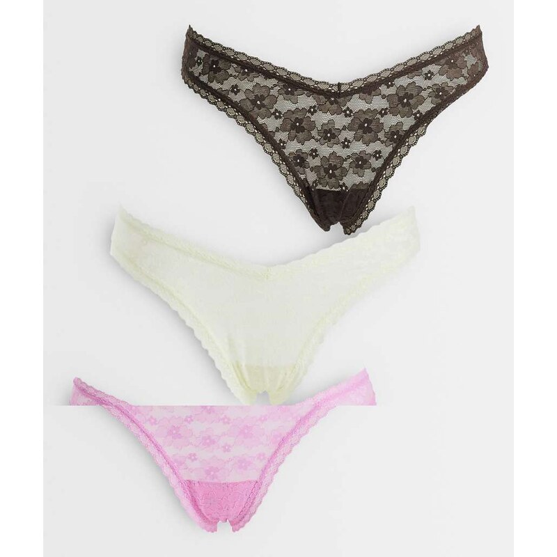 ASOS DESIGN Ava 3 pack all over lace dipped front thong in pink,
