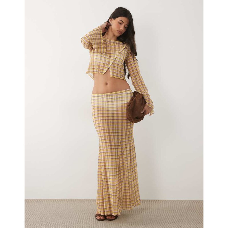 ASOS DESIGN co-ord printed mesh maxi skirt in yellow check-Multi