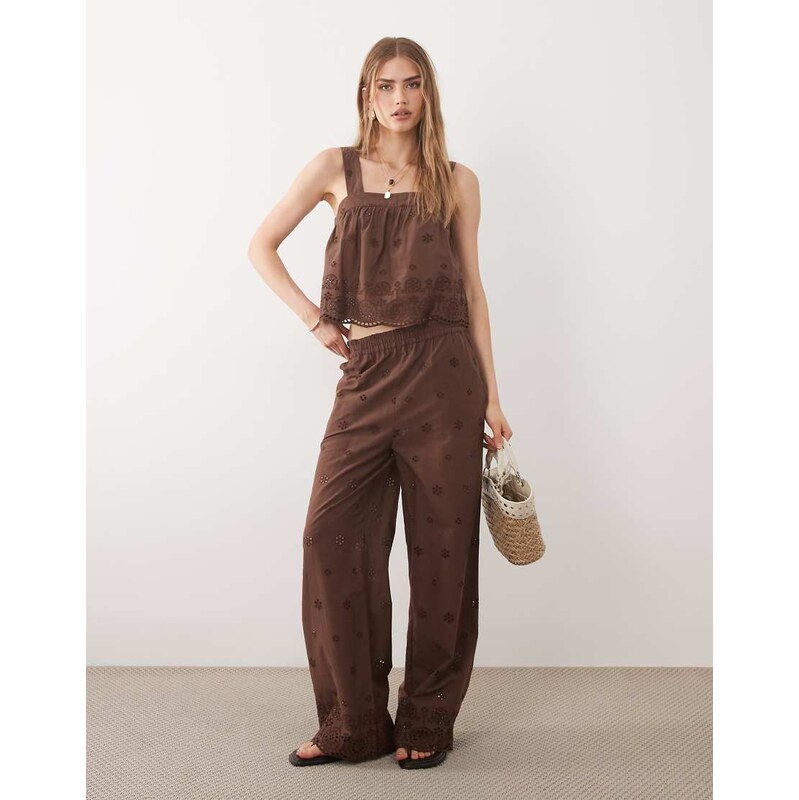New Look co-ord broderie wide leg trousers in brown