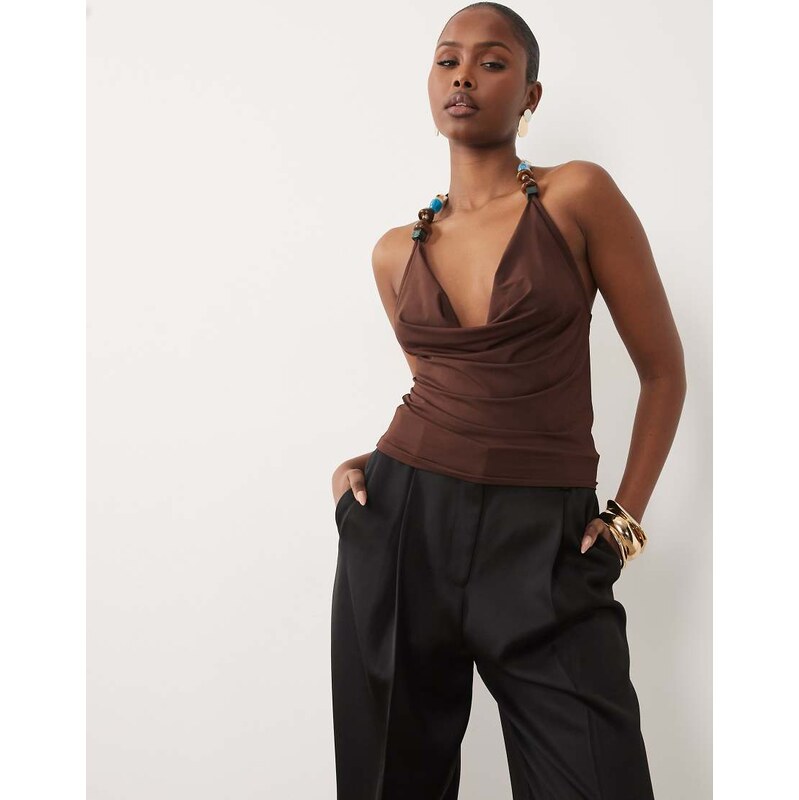 ASOS DESIGN slinky crossover cowl neck top with bead detail in