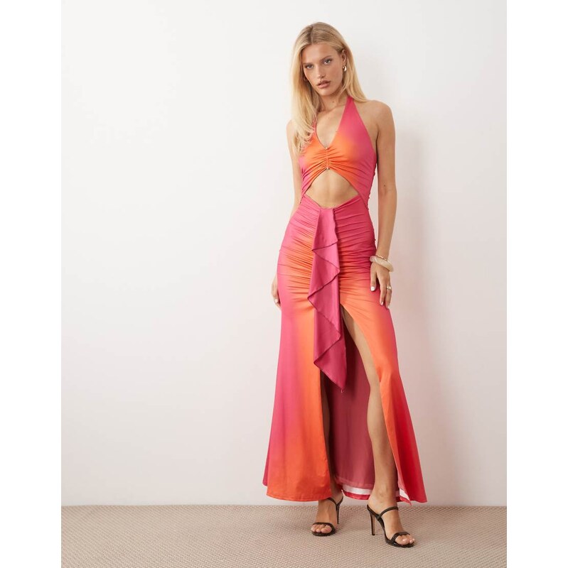 Murci halterneck cut out ruffle detail split front maxi dress in