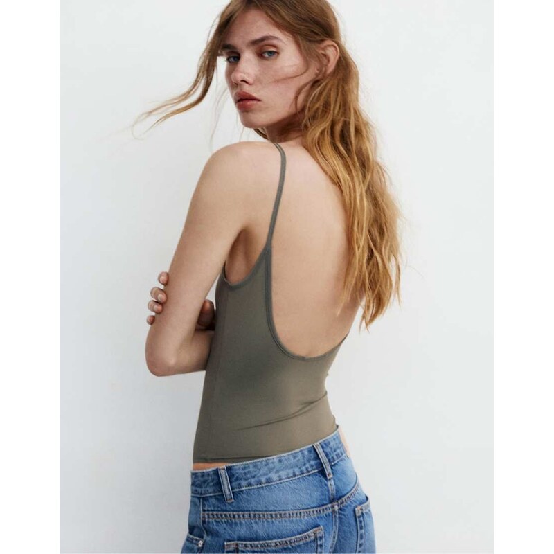 Pull&Bear polyamide bodysuit with thin straps in green-Multi