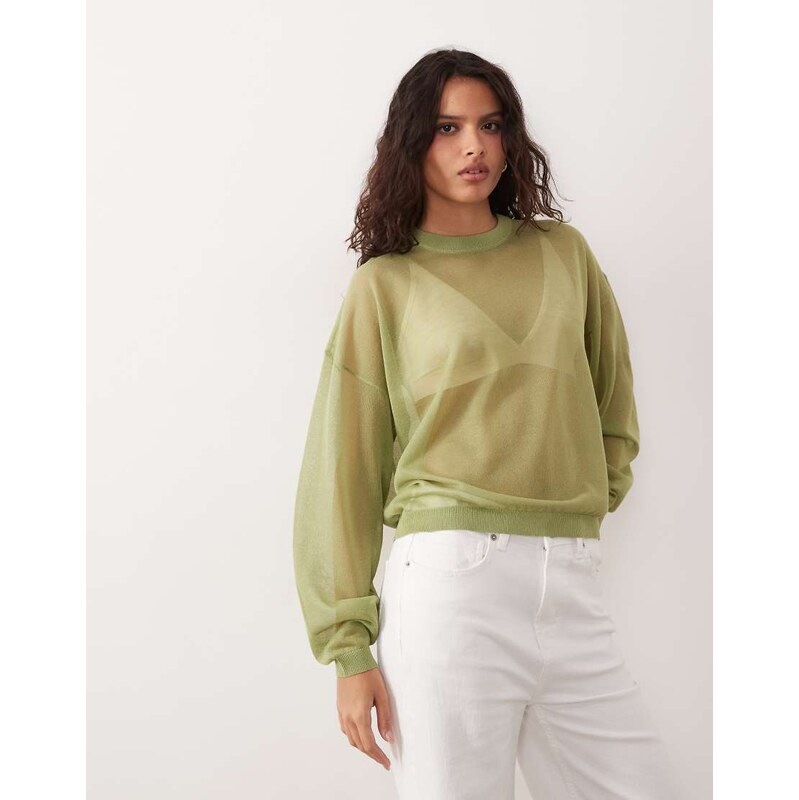 ASOS DESIGN sheer knit long sleeve top in green