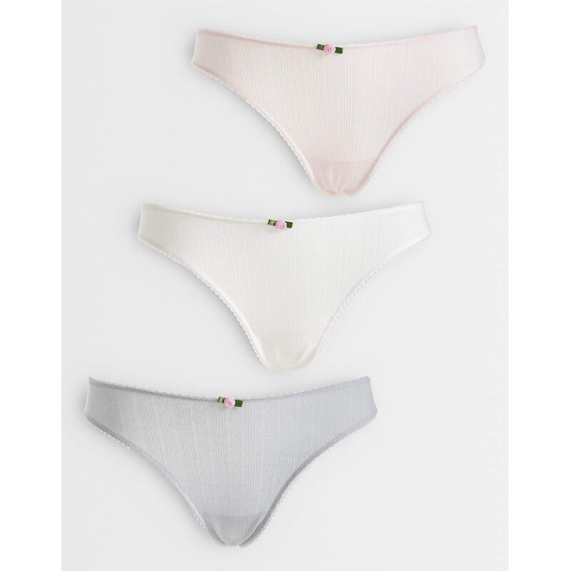 ASOS DESIGN 3 pack pointelle thong with rosebud trim in grey,