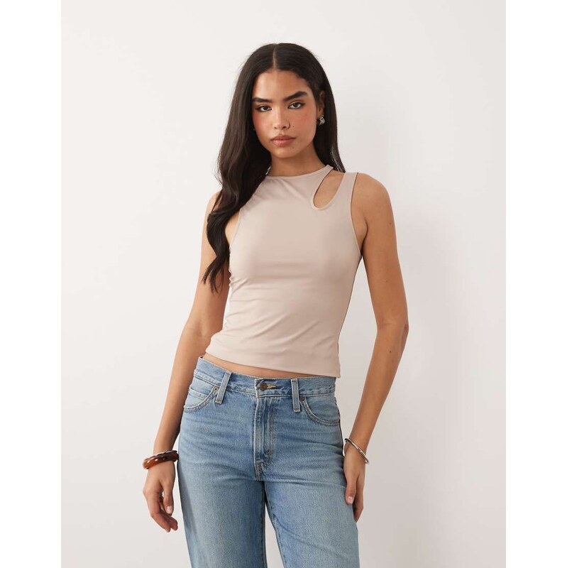 ASOS DESIGN polyamide slinky slash cut out shoulder racer top in