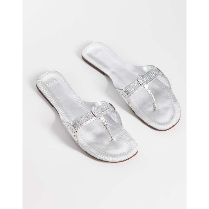 Mango 100% leather flip flop sandal in silver